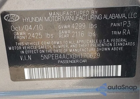 2011 Hyundai Sonata Gls from USA, damaged, VIN 5NPEB4ACXBH170629